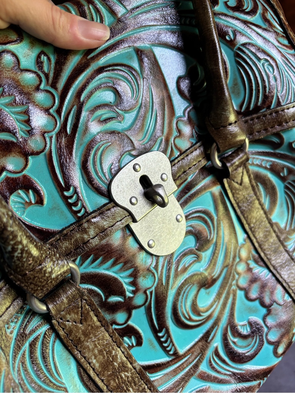 Patricia Nash Italian Leather Vienna Satchel, Tooled Turquoise, Like New Purse - Picture 13 of 16